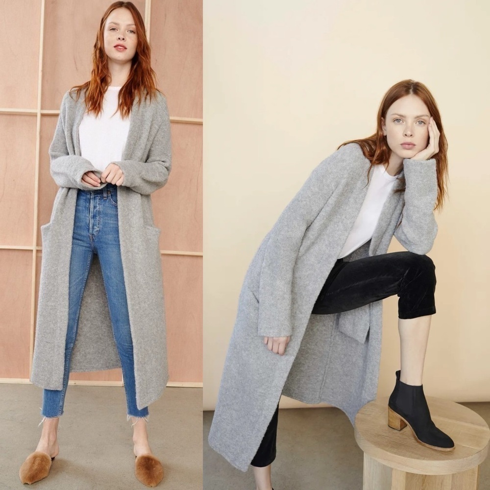 Jenni Kayne Sweater Boucle‎ Duster Coat Merino Wool Cardigan Open Grey S GUC